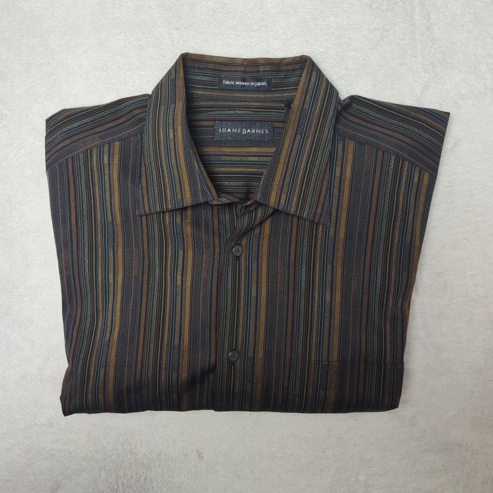 Jhane Barnes Shirt Mens L Brown Striped Point Dress Long Sleeve Woven Japan